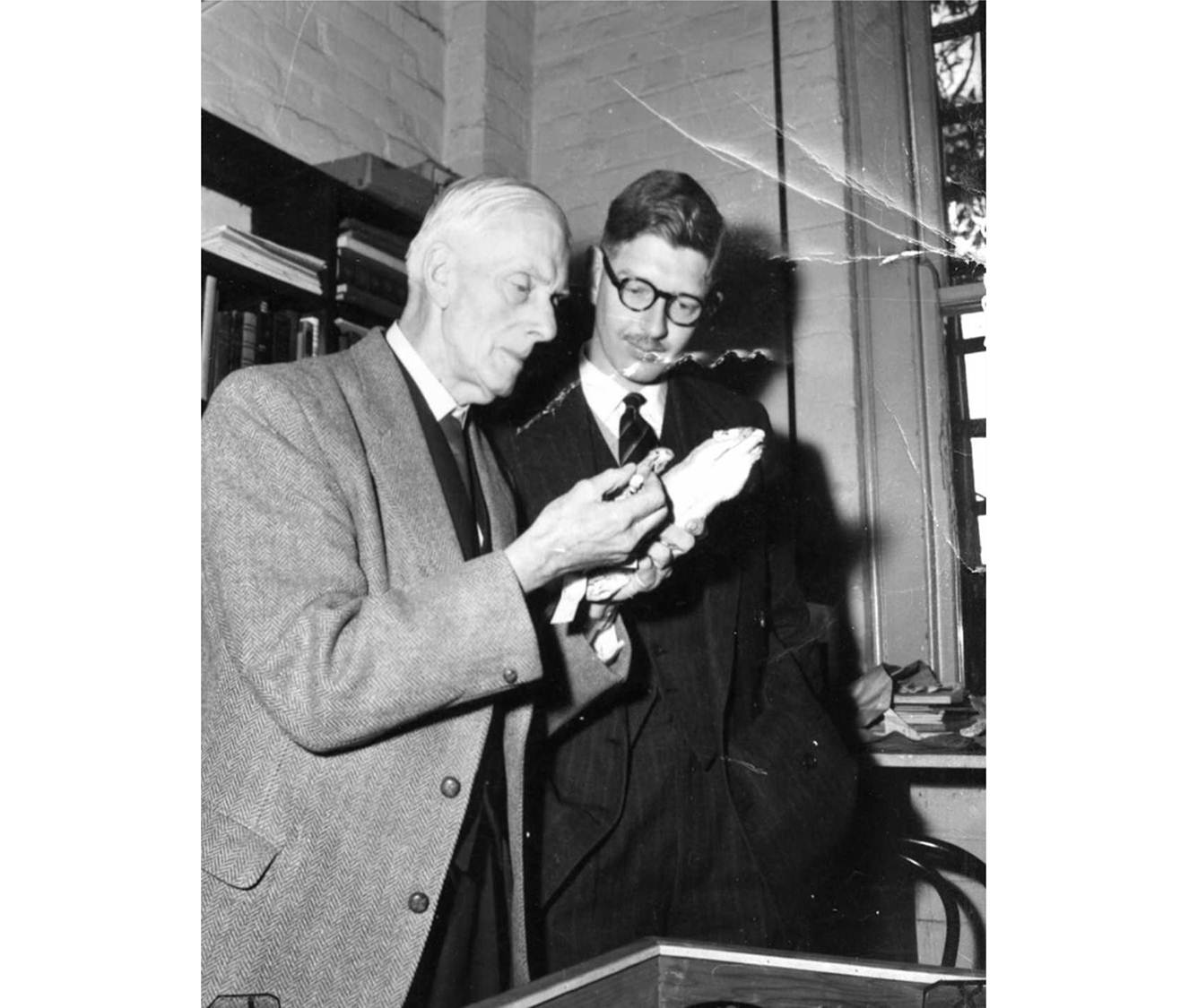 Black and white photo of two male staff examining rodent specimens